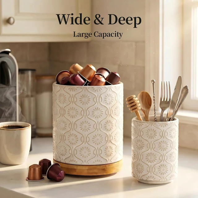 Alt view image 5 of 7 - 2-Pieces Utensil Holder, 7.7"+5.6" Ceramic Utensil Crock for Counter, Beige