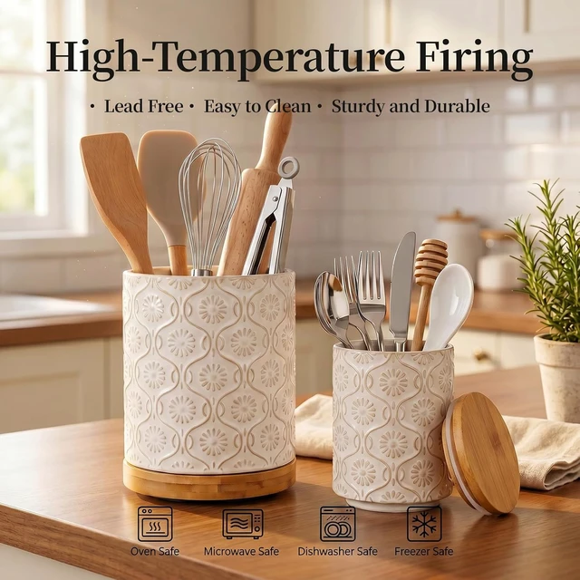Alt view image 7 of 7 - 2-Pieces Utensil Holder, 7.7"+5.6" Ceramic Utensil Crock for Counter, Beige