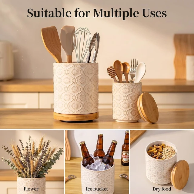 Alt view image 6 of 7 - 2-Pieces Utensil Holder, 7.7"+5.6" Ceramic Utensil Crock for Counter, Beige