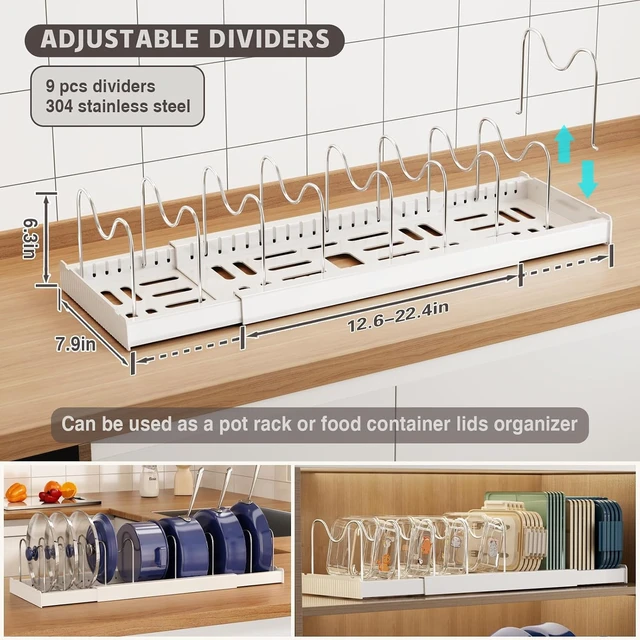 Alt view image 2 of 6 - 2 Pack Expandable Food Storage Container Lid Organizers, 22" Pots and Pans Organizer Under Cabinet with 9 Adjustable Dividers Pot and Pan Lid Holders Rack Inside Cabinet(White)