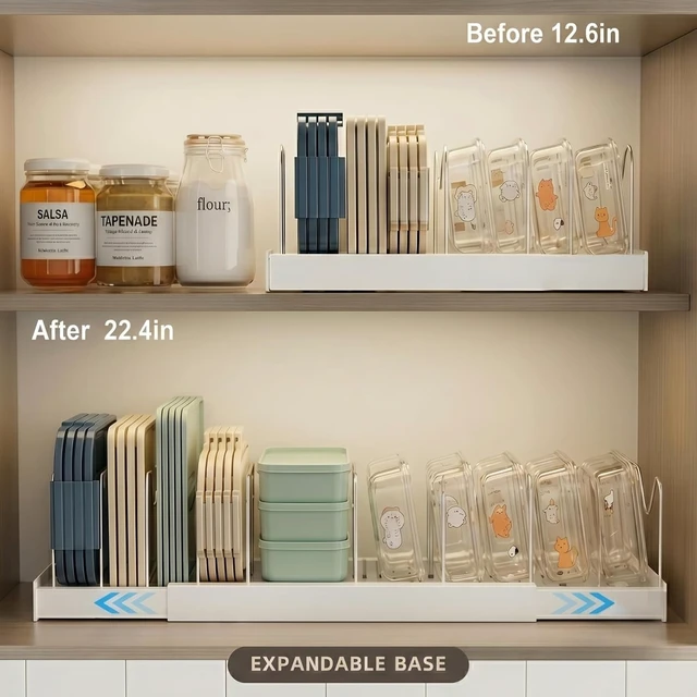 Alt view image 3 of 6 - 2 Pack Expandable Food Storage Container Lid Organizers, 22" Pots and Pans Organizer Under Cabinet with 9 Adjustable Dividers Pot and Pan Lid Holders Rack Inside Cabinet(White)