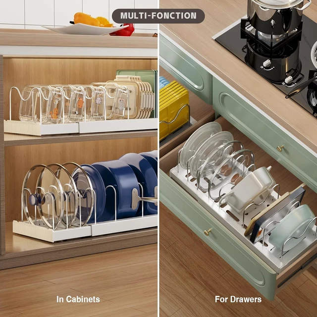 Alt view image 4 of 6 - 2 Pack Expandable Food Storage Container Lid Organizers, 22" Pots and Pans Organizer Under Cabinet with 9 Adjustable Dividers Pot and Pan Lid Holders Rack Inside Cabinet(White)