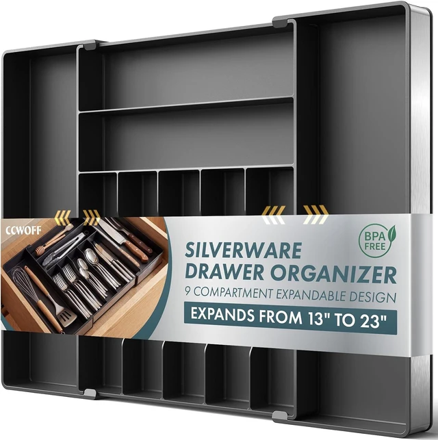 Main image of Silverware Drawer Organizer, 9 Slots Expandable Kitchen Drawer Organizer
