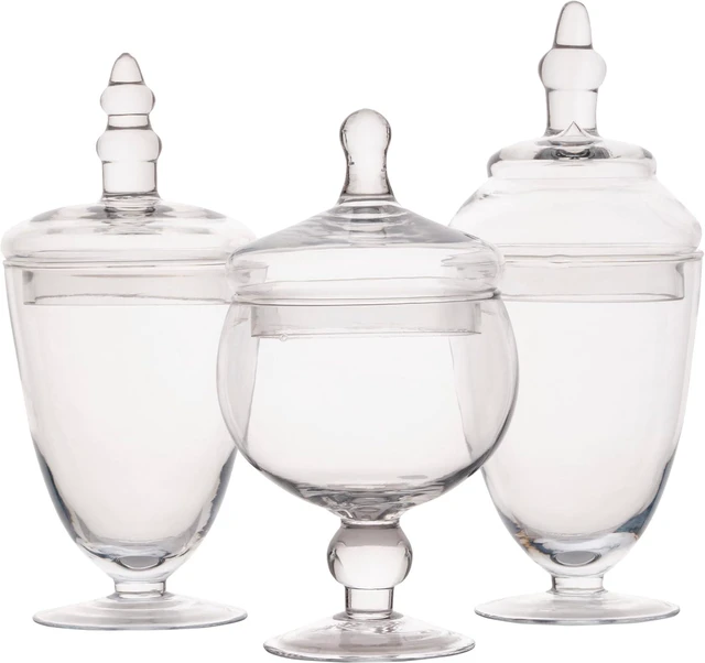 Main image of Clear Glass Apothecary Jar Set of 3 with Lids - Decorative Glass Jars for Bathroom, Kitchen, Pantry Storage - Handcrafted, Graduated Heights 10, 9.5, 8.5 In