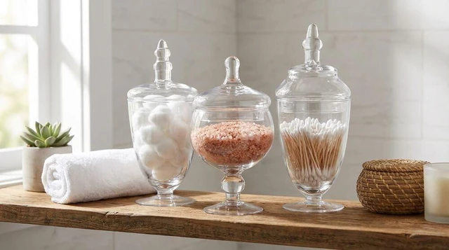 Alt view image 4 of 7 - Clear Glass Apothecary Jar Set of 3 with Lids - Decorative Glass Jars for Bathroom, Kitchen, Pantry Storage - Handcrafted, Graduated Heights 10, 9.5, 8.5 In