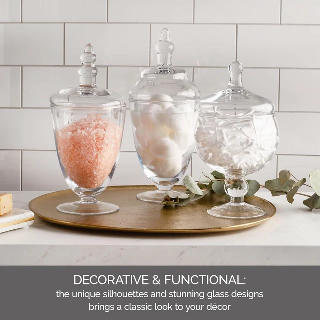 Alt view image 6 of 7 - Clear Glass Apothecary Jar Set of 3 with Lids - Decorative Glass Jars for Bathroom, Kitchen, Pantry Storage - Handcrafted, Graduated Heights 10, 9.5, 8.5 In