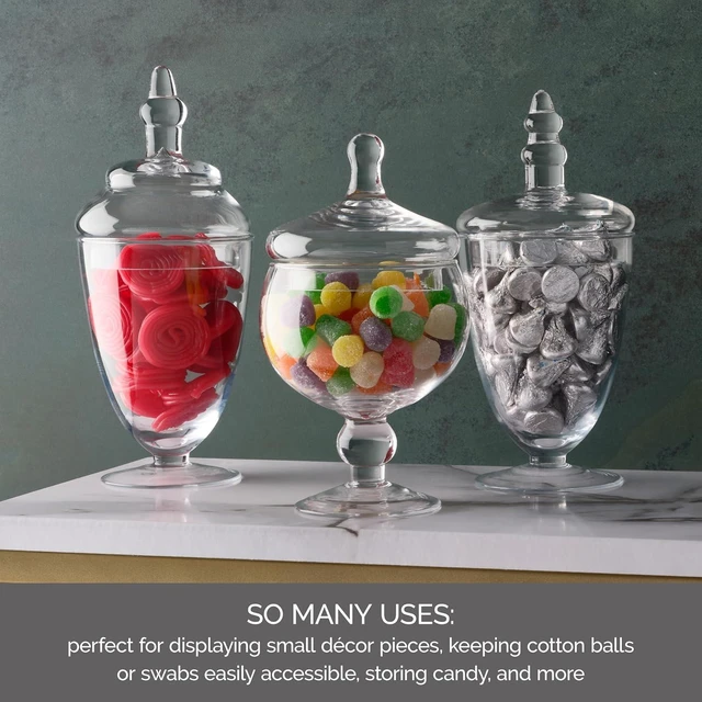 Alt view image 5 of 7 - Clear Glass Apothecary Jar Set of 3 with Lids - Decorative Glass Jars for Bathroom, Kitchen, Pantry Storage - Handcrafted, Graduated Heights 10, 9.5, 8.5 In