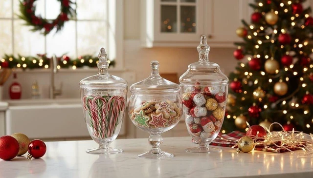 Alt view image 7 of 7 - Clear Glass Apothecary Jar Set of 3 with Lids - Decorative Glass Jars for Bathroom, Kitchen, Pantry Storage - Handcrafted, Graduated Heights 10, 9.5, 8.5 In