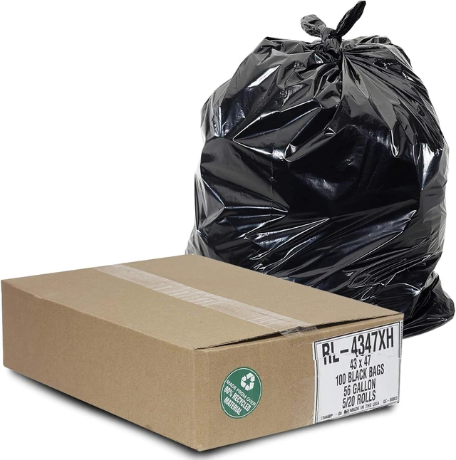 Main image of 56 Gallon Trash Can Liners (100 Count) - 43" x 47" - Thick 1.5 MIL Equivalent Black Trash Bags for Bathroom, Kitchen, Office, Industrial, Commercial, Recycling and More