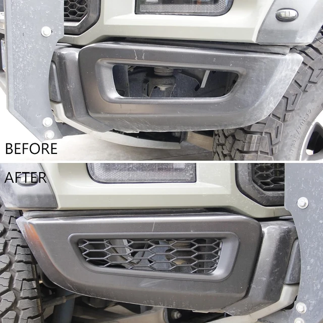 Alt view image 5 of 7 - Honeycomb Front Bumper Bottom Fog Vent & Side Fender & Headlgiht Chrome Cover Trim for 2016 2017 2018 2019 2020 Ford F150 Raptor Accessories (Front Fog Vent Black)