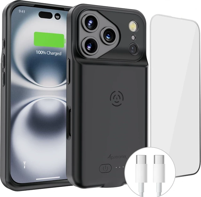 Main image of Battery Case for iPhone 17 Pro Max, Portable Strong Slim Protective Extended Charger Cover, 15W Fast Charging, High Capacity with Wireless Charging Case. Black