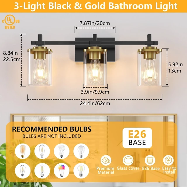 Alt view image 2 of 7 - 3-Lights Black and Gold Bathroom Light Fixtures Over Mirror, Modern Brushed Gold Vanity Lights for Bathroom, Sconces Wall Lighting with Square Glass Shade for Mirror Bedroom Hallway