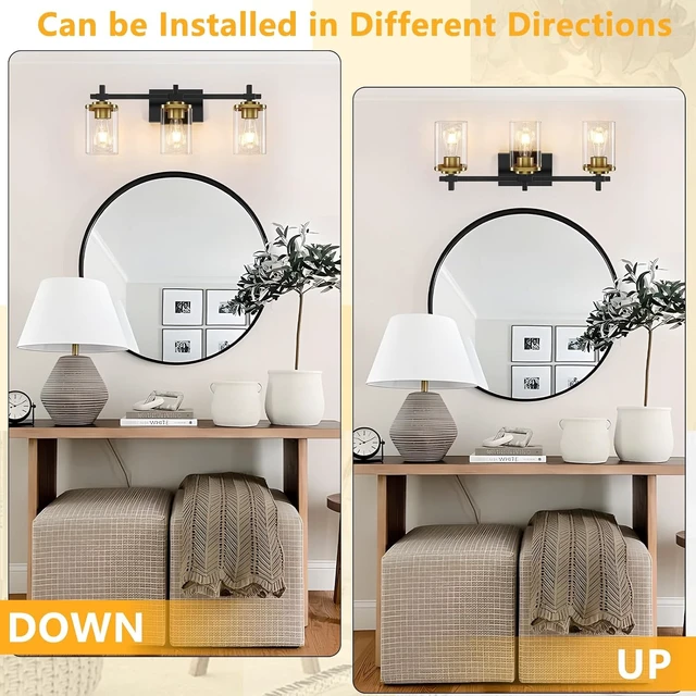 Alt view image 3 of 7 - 3-Lights Black and Gold Bathroom Light Fixtures Over Mirror, Modern Brushed Gold Vanity Lights for Bathroom, Sconces Wall Lighting with Square Glass Shade for Mirror Bedroom Hallway