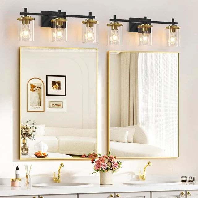Alt view image 6 of 7 - 3-Lights Black and Gold Bathroom Light Fixtures Over Mirror, Modern Brushed Gold Vanity Lights for Bathroom, Sconces Wall Lighting with Square Glass Shade for Mirror Bedroom Hallway