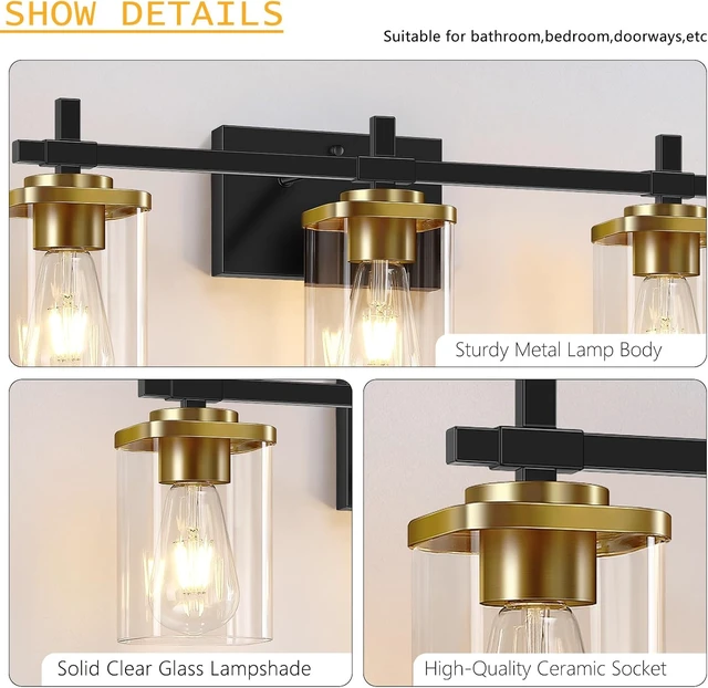 Alt view image 5 of 7 - 3-Lights Black and Gold Bathroom Light Fixtures Over Mirror, Modern Brushed Gold Vanity Lights for Bathroom, Sconces Wall Lighting with Square Glass Shade for Mirror Bedroom Hallway