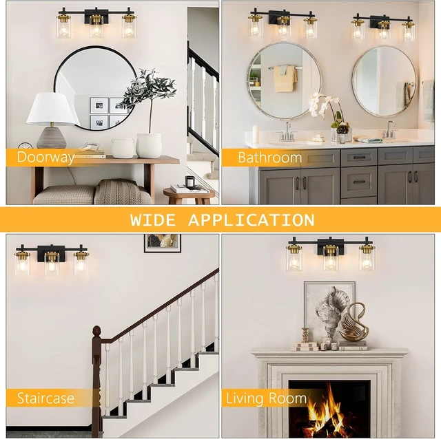 Alt view image 7 of 7 - 3-Lights Black and Gold Bathroom Light Fixtures Over Mirror, Modern Brushed Gold Vanity Lights for Bathroom, Sconces Wall Lighting with Square Glass Shade for Mirror Bedroom Hallway