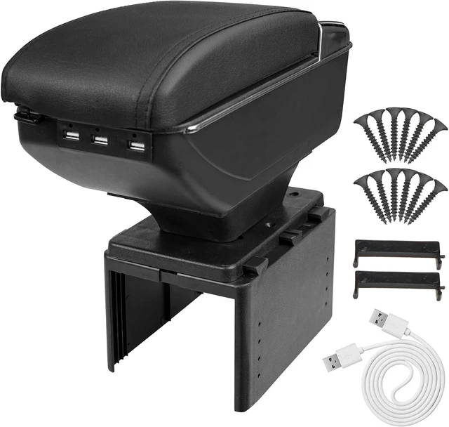 Main image of Car Armrest Box with Double Layer Storage, Black Leather and USB Charging Ports