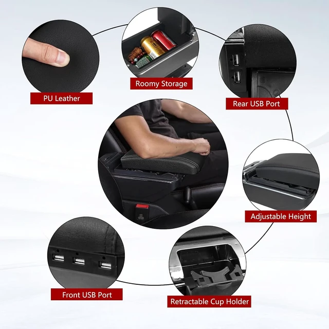 Alt view image 5 of 7 - Car Armrest Box with Double Layer Storage, Black Leather and USB Charging Ports