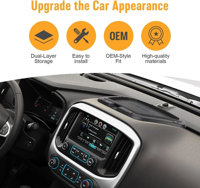 Alt view image 2 of 7 - Dual-Layer Dashboard Storage Tray with Phone Holder for 2019-2025 Chevy Silverado 1500/2500HD/3500HD (Small 7"-8" Screen Only), Snap-In Dash Organizer with 4 Screw Ports & Non-Slip Mat, OEM Fit ABS