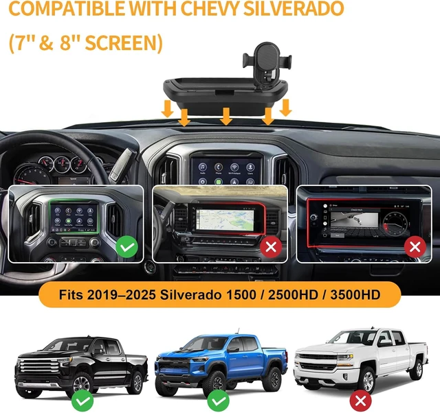 Alt view image 5 of 7 - Dual-Layer Dashboard Storage Tray with Phone Holder for 2019-2025 Chevy Silverado 1500/2500HD/3500HD (Small 7"-8" Screen Only), Snap-In Dash Organizer with 4 Screw Ports & Non-Slip Mat, OEM Fit ABS