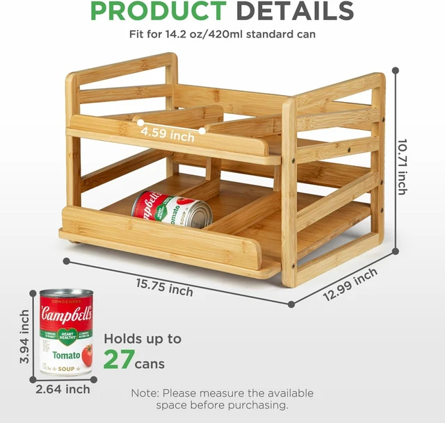 Alt view image 2 of 7 - 2 Tier Bamboo Rolling Can Rack Organizer for Pantry Up To 27 Cans