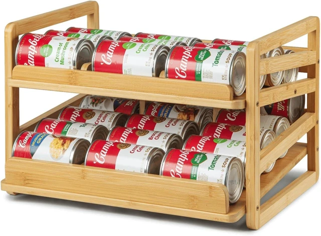 Main image of 2 Tier Bamboo Rolling Can Rack Organizer for Pantry Up To 27 Cans