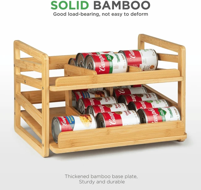 Alt view image 3 of 7 - 2 Tier Bamboo Rolling Can Rack Organizer for Pantry Up To 27 Cans