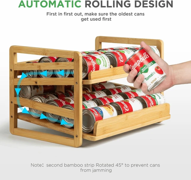 Alt view image 5 of 7 - 2 Tier Bamboo Rolling Can Rack Organizer for Pantry Up To 27 Cans