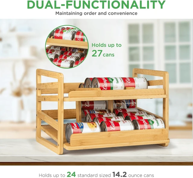 Alt view image 4 of 7 - 2 Tier Bamboo Rolling Can Rack Organizer for Pantry Up To 27 Cans