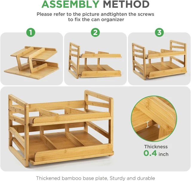 Alt view image 6 of 7 - 2 Tier Bamboo Rolling Can Rack Organizer for Pantry Up To 27 Cans