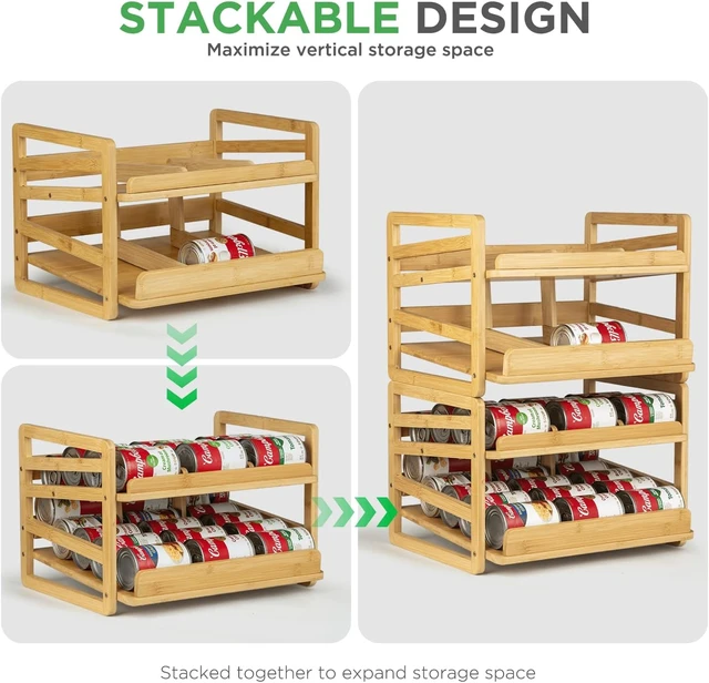 Alt view image 7 of 7 - 2 Tier Bamboo Rolling Can Rack Organizer for Pantry Up To 27 Cans