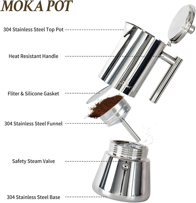 Alt view image 3 of 7 - Stovetop Espresso Maker, 6Cup 10 oz Moka Pot, Stainless Steel