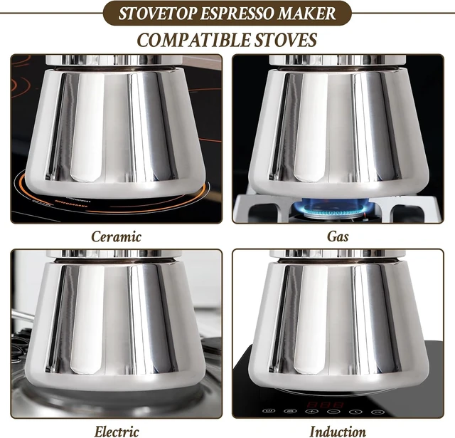 Alt view image 4 of 7 - Stovetop Espresso Maker, 6Cup 10 oz Moka Pot, Stainless Steel