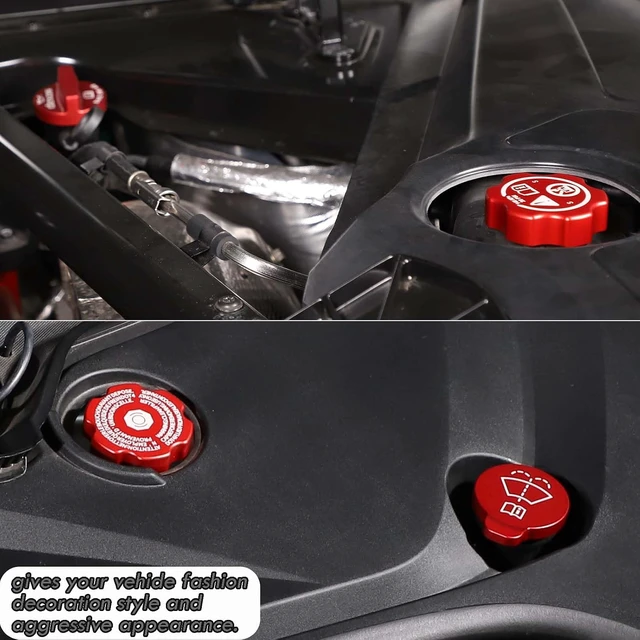 Alt view image 4 of 7 - Aluminium Alloy Engine Oil Cap Radiator Cap Washer Cap Brake Fluid Cap Cover Trim Compatible with Chevrolet Corvette C8 2020-2023 2024 2025, Engine Cap Cover Set C8 Accessories 4PCS (Aluminum - Red)