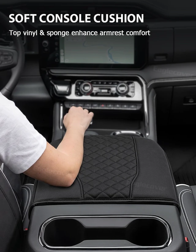 Alt view image 4 of 7 - Center Console Cover for Chevy Silverado & GMC Sierra 1500 Accessories 2019-2026, Tahoe & Suburban & Yukon 2021-2026, Vinyl Car Armrest Protector, Floor Console Bucket Seat Only, Anti-Scratch, Black