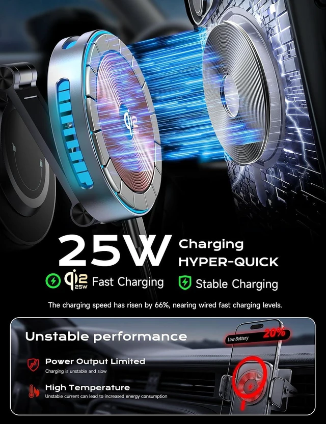 Alt view image 3 of 7 - Qi2.2 25W MagSafe Car Mount Charger, Temp-Control Cooling Fan