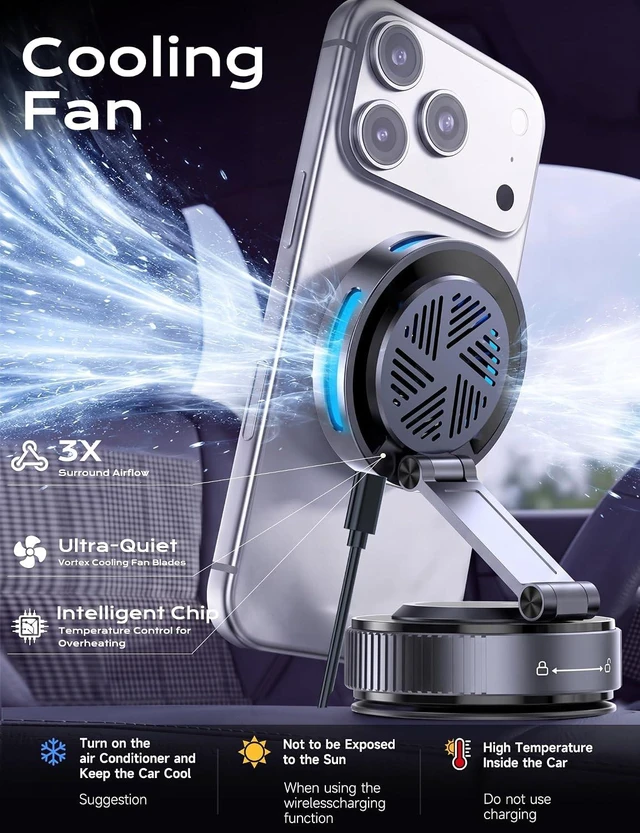 Alt view image 4 of 7 - Qi2.2 25W MagSafe Car Mount Charger, Temp-Control Cooling Fan
