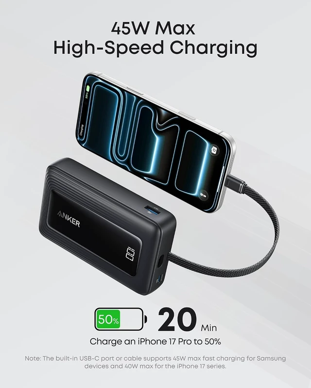 Alt view image 3 of 7 - Zolo Power Bank, 20,000mAh 45W Portable Charger with Built-in USB-C