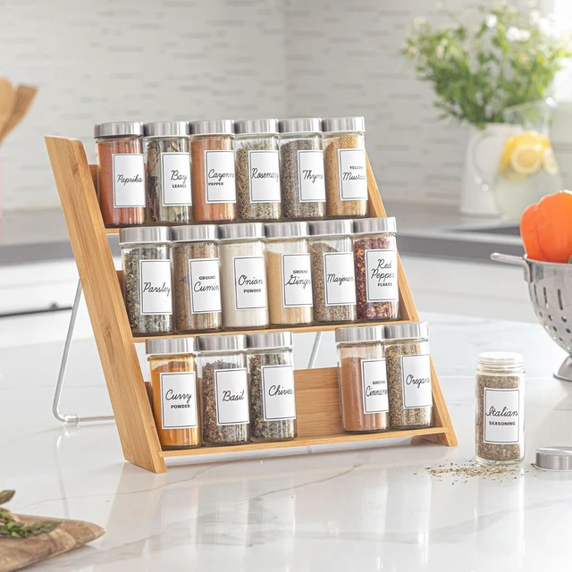 Alt view image 3 of 7 - 18 Jar Bamboo Compact Spice Rack with Spices Included & 5-Year Free Spice Refill Program for Countertop or Kitchen Drawer with Glass Jars