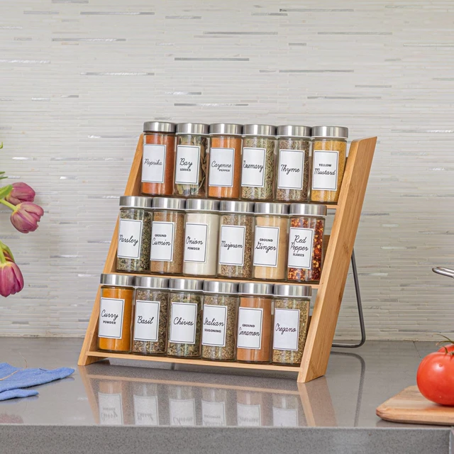 Alt view image 4 of 7 - 18 Jar Bamboo Compact Spice Rack with Spices Included & 5-Year Free Spice Refill Program for Countertop or Kitchen Drawer with Glass Jars