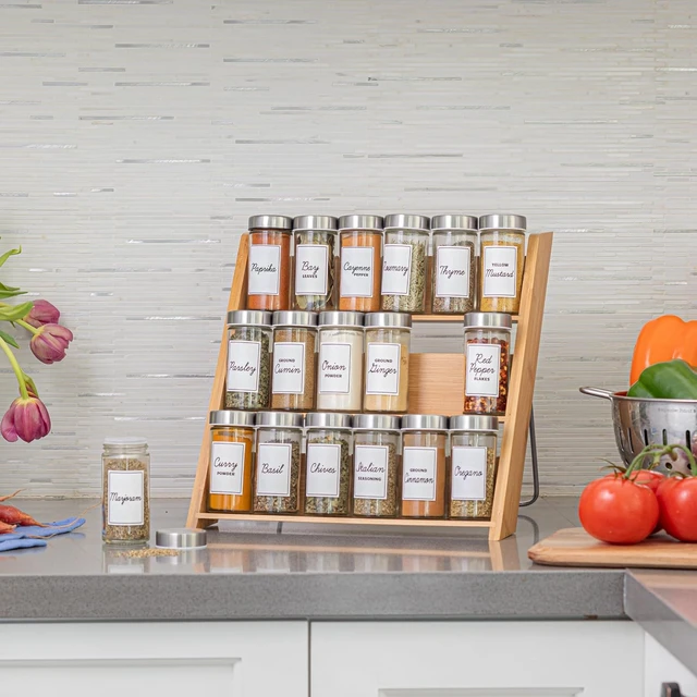 Alt view image 5 of 7 - 18 Jar Bamboo Compact Spice Rack with Spices Included & 5-Year Free Spice Refill Program for Countertop or Kitchen Drawer with Glass Jars