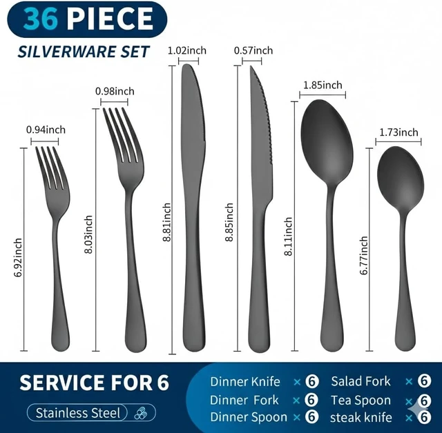 Alt view image 2 of 7 - Black Silverware Set with Steak Knives, 36-Piece Flatware Set for 6