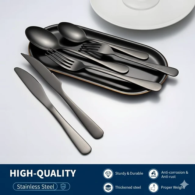 Alt view image 6 of 7 - Black Silverware Set with Steak Knives, 36-Piece Flatware Set for 6