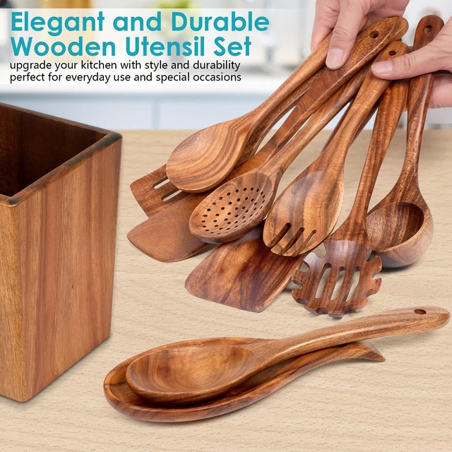Alt view image 2 of 7 - Acacia Wood Cooking Utensils Set - 11pc Wooden Spoons