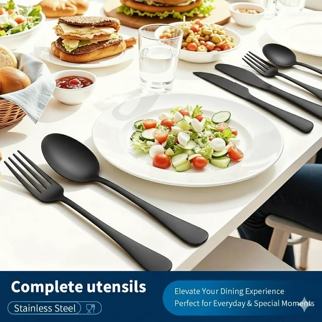 Alt view image 7 of 7 - Black Silverware Set with Steak Knives, 36-Piece Flatware Set for 6