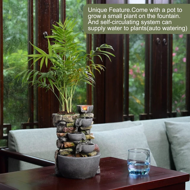 Alt view image 2 of 7 - Indoor Fountain 4-Bowl Rockery Soothing Sound Tabletop Fountains Home/Office Decor Gift for Mom,Mother Day Present with A Small Plastic Pot to Grow Plant/Hebs By Yourself (Automatic Watering)