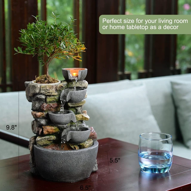 Alt view image 3 of 7 - Indoor Fountain 4-Bowl Rockery Soothing Sound Tabletop Fountains Home/Office Decor Gift for Mom,Mother Day Present with A Small Plastic Pot to Grow Plant/Hebs By Yourself (Automatic Watering)
