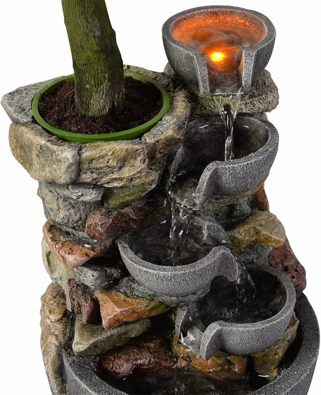 Alt view image 7 of 7 - Indoor Fountain 4-Bowl Rockery Soothing Sound Tabletop Fountains Home/Office Decor Gift for Mom,Mother Day Present with A Small Plastic Pot to Grow Plant/Hebs By Yourself (Automatic Watering)
