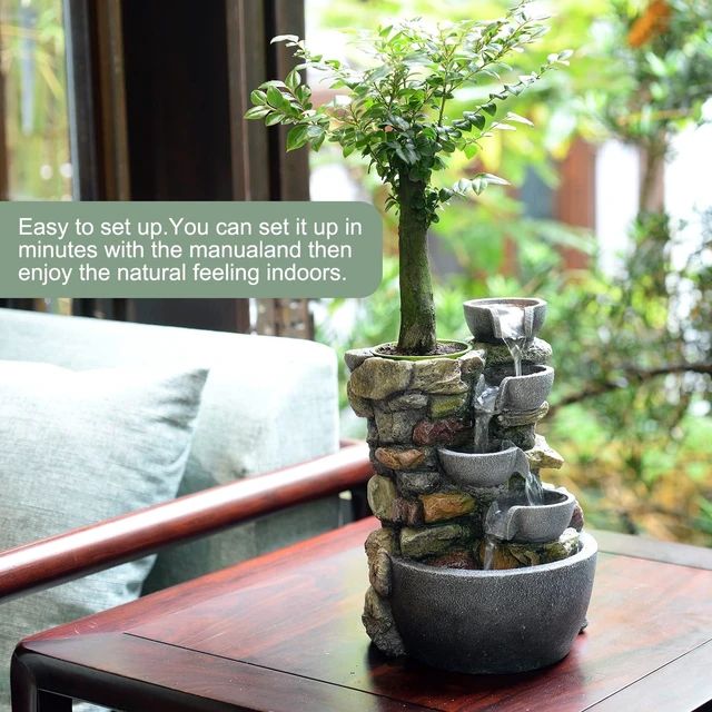 Alt view image 4 of 7 - Indoor Fountain 4-Bowl Rockery Soothing Sound Tabletop Fountains Home/Office Decor Gift for Mom,Mother Day Present with A Small Plastic Pot to Grow Plant/Hebs By Yourself (Automatic Watering)