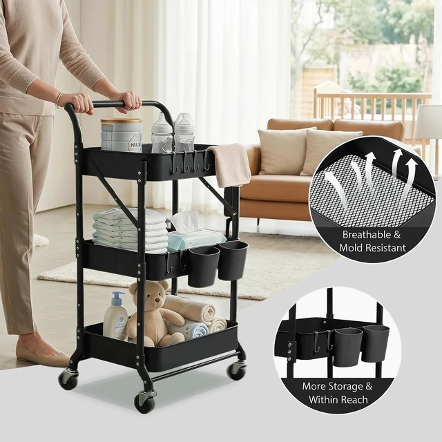 Alt view image 3 of 7 - 3 Tier Foldable Rolling Cart with Wheels, Folding Utility Cart Organizer, Collapsible Rolling Storage Cart with 3 Hanging Cups & 6 Hooks for Kitchen, Office, Nursery(Black)